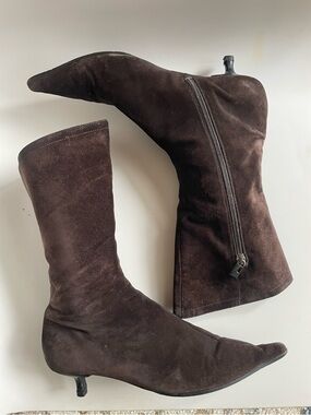 Fendi Brown Suede Mid-Calf Kitten Heel Boots SZ 39 1/2